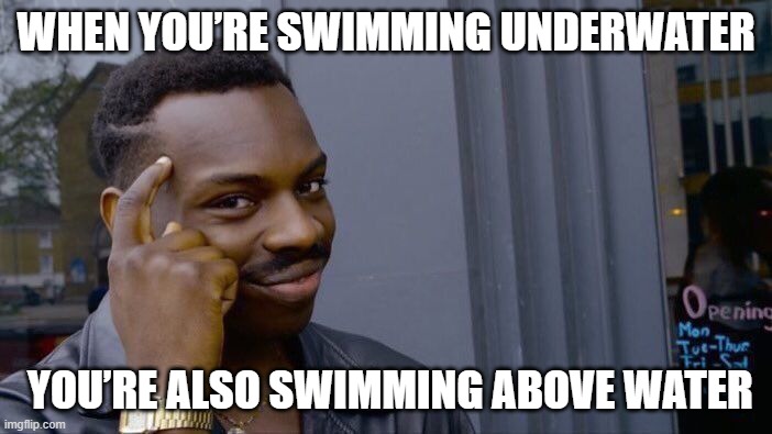 Roll Safe Think About It | WHEN YOU’RE SWIMMING UNDERWATER; YOU’RE ALSO SWIMMING ABOVE WATER | image tagged in memes,roll safe think about it | made w/ Imgflip meme maker