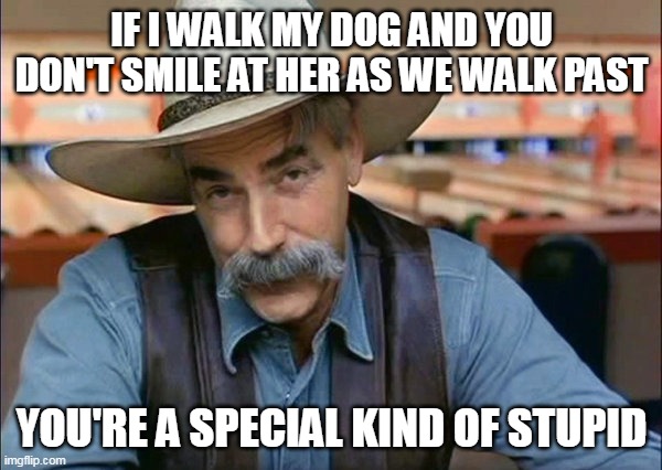 Sam Elliott special kind of stupid | IF I WALK MY DOG AND YOU DON'T SMILE AT HER AS WE WALK PAST; YOU'RE A SPECIAL KIND OF STUPID | image tagged in sam elliott special kind of stupid,meme,memes | made w/ Imgflip meme maker