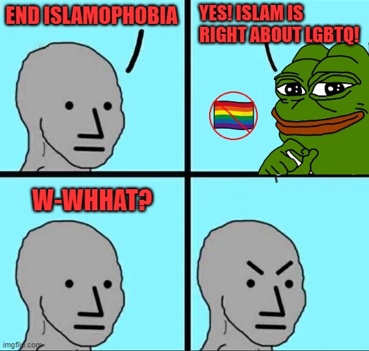 NPC Meme | YES! ISLAM IS RIGHT ABOUT LGBTQ! END ISLAMOPHOBIA; W-WHHAT? | image tagged in npc meme | made w/ Imgflip meme maker