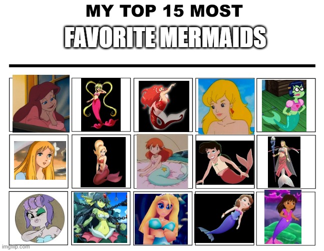 top 15 favorite mermaids | FAVORITE MERMAIDS | image tagged in top 15,the little mermaid,mermaid,ariel,dora the explorer,ocean | made w/ Imgflip meme maker