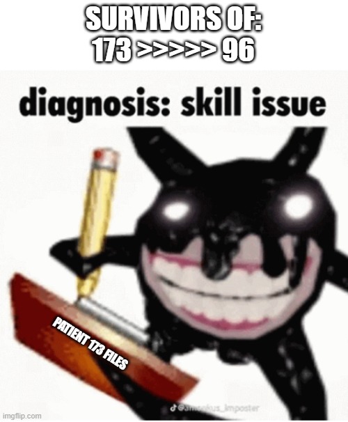 SURVIVORS OF:
173 >>>>> 96 PATIENT 173 FILES | image tagged in skill issue | made w/ Imgflip meme maker