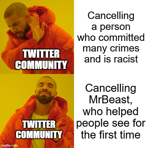 The twitter community are insane | Cancelling a person who committed many crimes and is racist; TWITTER COMMUNITY; Cancelling MrBeast, who helped people see for the first time; TWITTER COMMUNITY | image tagged in memes,drake hotline bling | made w/ Imgflip meme maker