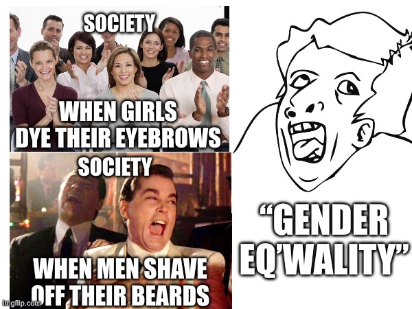 Ladies, we need to stop doing this OR take a chill pill… | SOCIETY; WHEN GIRLS DYE THEIR EYEBROWS; SOCIETY; “GENDER EQ’WALITY”; WHEN MEN SHAVE OFF THEIR BEARDS | image tagged in gender equality | made w/ Imgflip meme maker