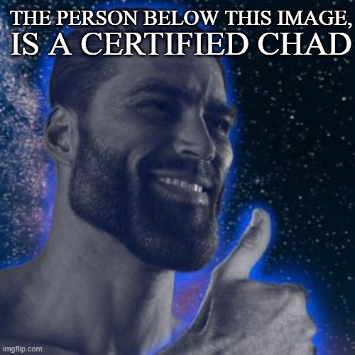 a certified chad | THE PERSON BELOW THIS IMAGE, IS A CERTIFIED CHAD | image tagged in giga chad | made w/ Imgflip meme maker