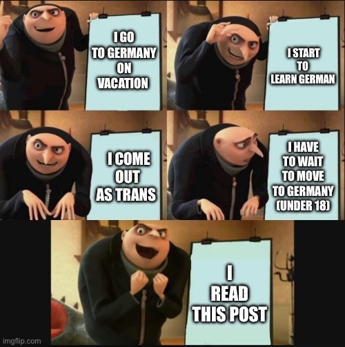 I GO TO GERMANY ON VACATION I START TO LEARN GERMAN I COME OUT AS TRANS I HAVE TO WAIT TO MOVE TO GERMANY (UNDER 18) I READ THIS POST | image tagged in 5 panel gru meme | made w/ Imgflip meme maker