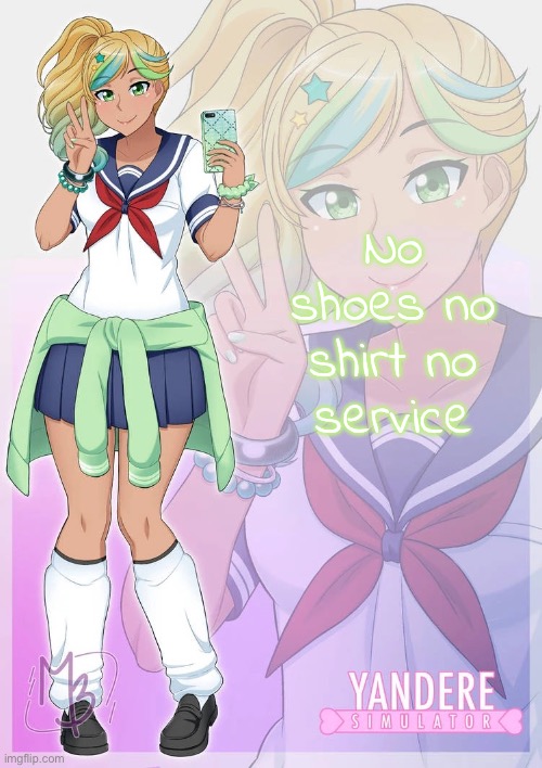 Hoshiko Mizudori | No shoes no shirt no service | image tagged in hoshiko mizudori | made w/ Imgflip meme maker