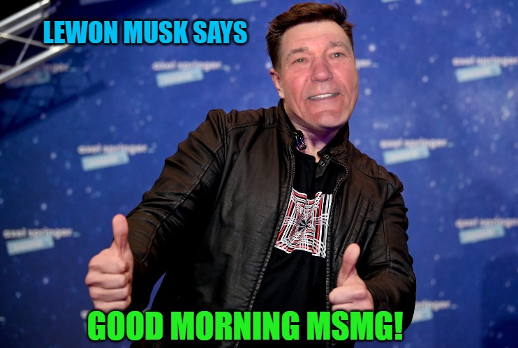 good morning! | LEWON MUSK SAYS; GOOD MORNING MSMG! | image tagged in lewon musk,kewlew,good morning | made w/ Imgflip meme maker