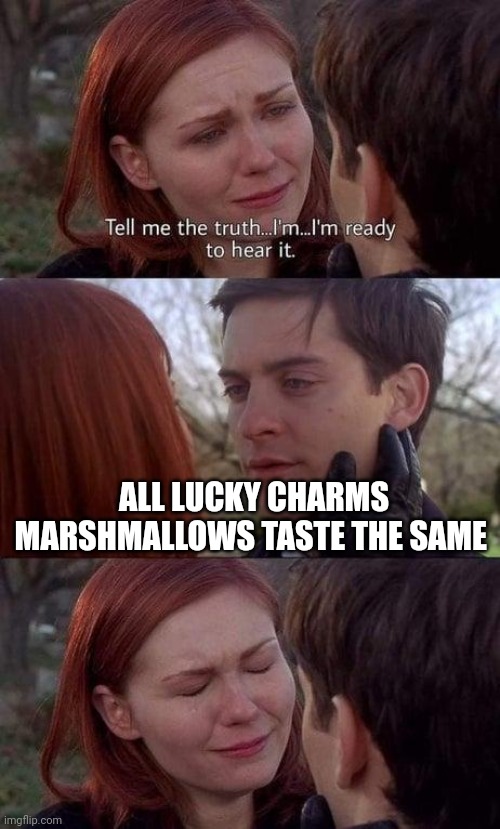 Tell me the truth, I'm ready to hear it | ALL LUCKY CHARMS MARSHMALLOWS TASTE THE SAME | image tagged in tell me the truth i'm ready to hear it,memes | made w/ Imgflip meme maker