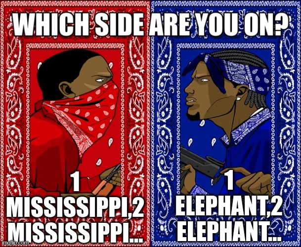 which side are you on | 1 ELEPHANT,2 ELEPHANT... 1 MISSISSIPPI,2 MISSISSIPPI... | image tagged in which side are you on | made w/ Imgflip meme maker