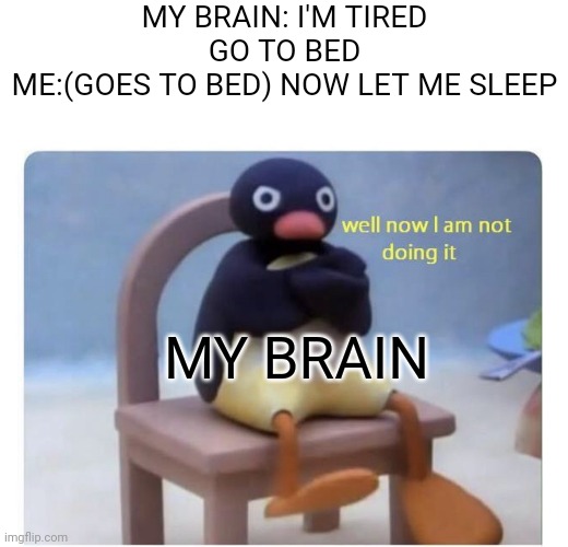 So damn annoying... | MY BRAIN: I'M TIRED GO TO BED
ME:(GOES TO BED) NOW LET ME SLEEP; MY BRAIN | image tagged in well now i am not doing it | made w/ Imgflip meme maker