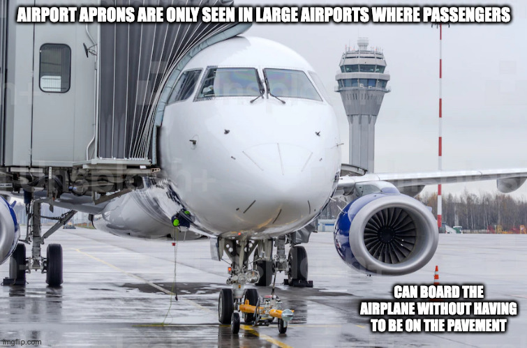 Airplane Apron | AIRPORT APRONS ARE ONLY SEEN IN LARGE AIRPORTS WHERE PASSENGERS; CAN BOARD THE AIRPLANE WITHOUT HAVING TO BE ON THE PAVEMENT | image tagged in airplane,memes | made w/ Imgflip meme maker