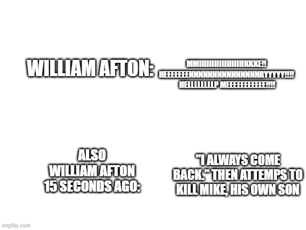 MMIIIIIIIIIIIIIIIIIIKKKE!! HEEEEEEENNNNNNNNNNNNNNNRYYYYY!!!!
 HELLLLLLLLP MEEEEEEEEEEE!!!! WILLIAM AFTON:; ALSO WILLIAM AFTON 15 SECONDS AGO:; "I ALWAYS COME BACK." THEN ATTEMPS TO KILL MIKE, HIS OWN SON | made w/ Imgflip meme maker