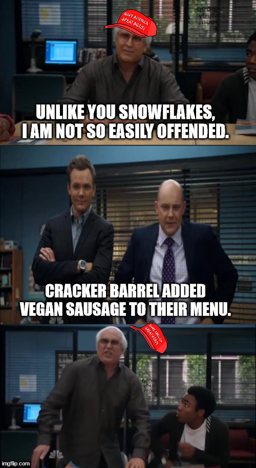 MAGA Snowflake | UNLIKE YOU SNOWFLAKES, I AM NOT SO EASILY OFFENDED. CRACKER BARREL ADDED VEGAN SAUSAGE TO THEIR MENU. | image tagged in maga snowflake | made w/ Imgflip meme maker