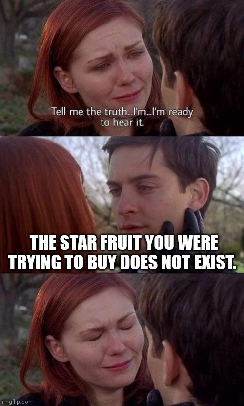 Tell me the truth, I'm ready to hear it | THE STAR FRUIT YOU WERE TRYING TO BUY DOES NOT EXIST. | image tagged in tell me the truth i'm ready to hear it,memes | made w/ Imgflip meme maker