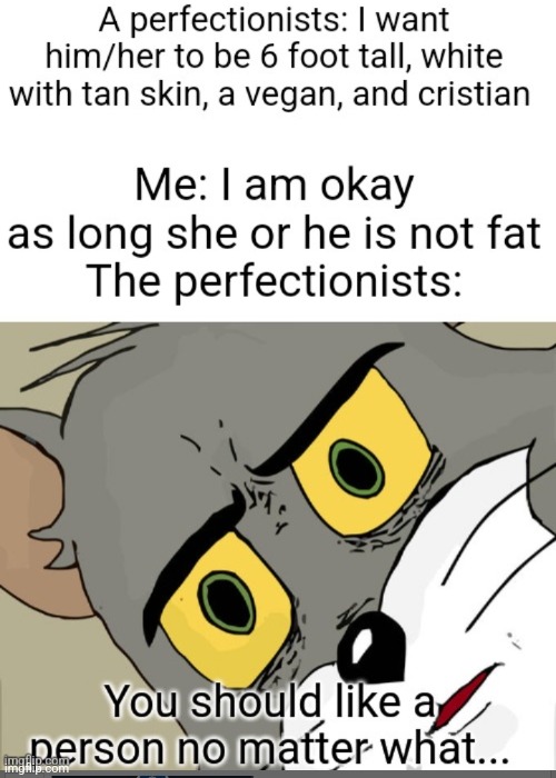 Relates to everybody including non-perfectionist girls and perfectionist guys | image tagged in memes,unsettled tom,perfection | made w/ Imgflip meme maker