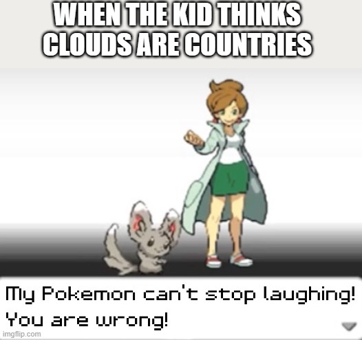 when the kid | WHEN THE KID THINKS CLOUDS ARE COUNTRIES | image tagged in my pokemon can't stop laughing you are wrong | made w/ Imgflip meme maker
