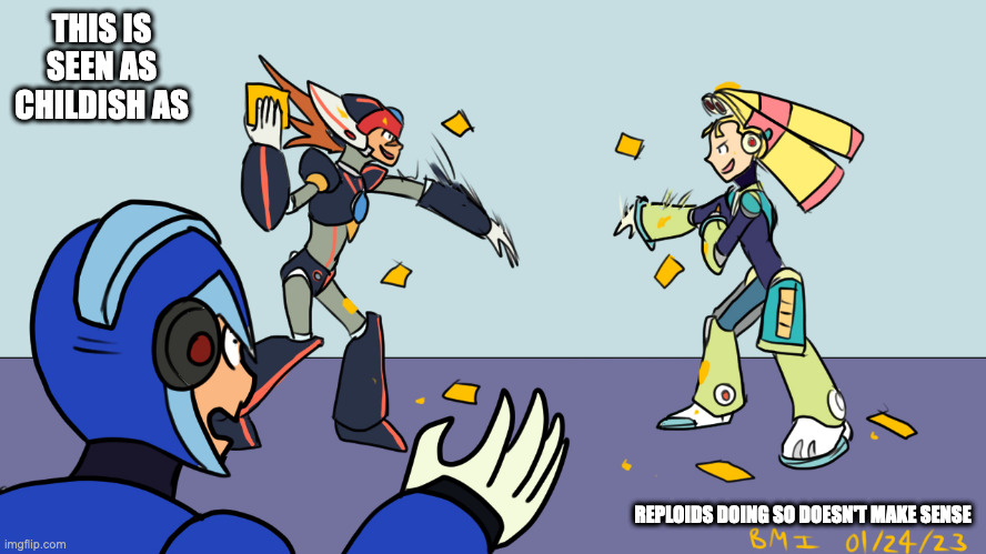 Axl and Palette Throwing Cheese | THIS IS SEEN AS CHILDISH AS; REPLOIDS DOING SO DOESN'T MAKE SENSE | image tagged in megaman x,megaman,x,axl,palette,memes | made w/ Imgflip meme maker