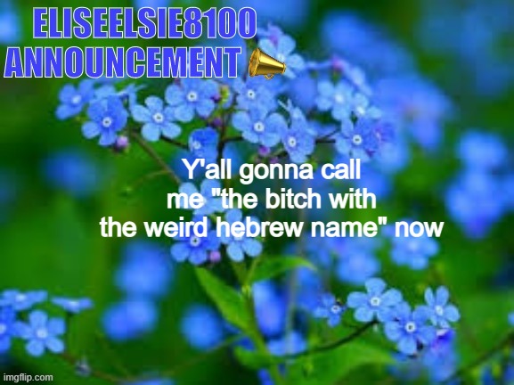 EliseElsie8100 Announcement | Y'all gonna call me "the bitch with the weird hebrew name" now | image tagged in eliseelsie8100 announcement | made w/ Imgflip meme maker