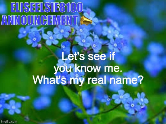 EliseElsie8100 Announcement | Let's see if you know me. What's my real name? | image tagged in eliseelsie8100 announcement | made w/ Imgflip meme maker