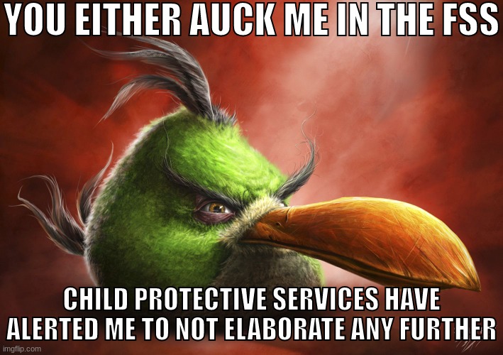 Realistic Angry Bird | YOU EITHER AUCK ME IN THE FSS; CHILD PROTECTIVE SERVICES HAVE ALERTED ME TO NOT ELABORATE ANY FURTHER | image tagged in realistic angry bird | made w/ Imgflip meme maker