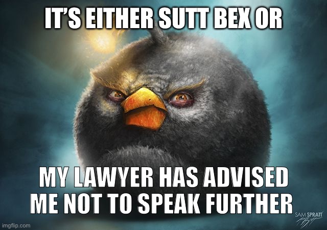 Fr fr | IT’S EITHER SUTT BEX OR; MY LAWYER HAS ADVISED ME NOT TO SPEAK FURTHER | image tagged in angry birds bomb | made w/ Imgflip meme maker