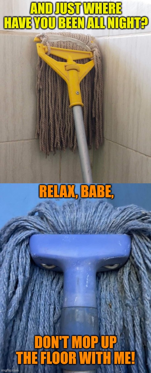 Mop Heads | AND JUST WHERE HAVE YOU BEEN ALL NIGHT? RELAX, BABE, DON'T MOP UP THE FLOOR WITH ME! | image tagged in funny,mop,meme | made w/ Imgflip meme maker