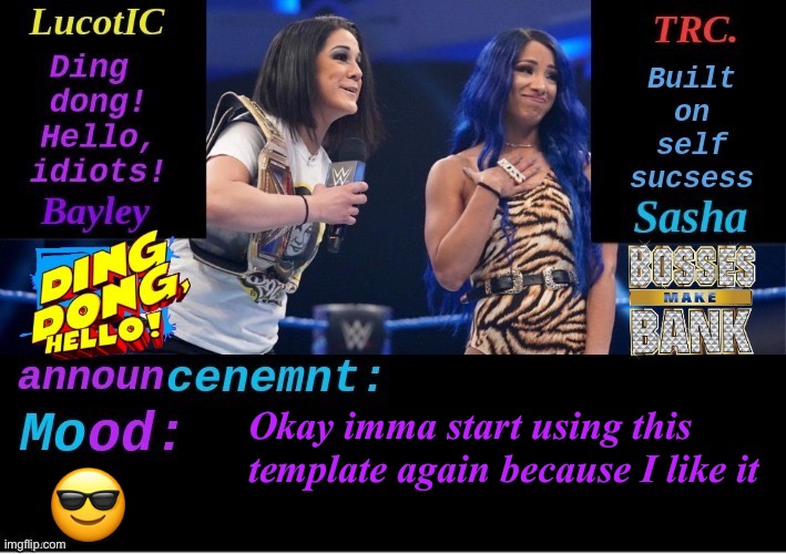 . | Okay imma start using this template again because I like it; 😎 | image tagged in lucotic and trc boss 'n' hug connection duo announcement temp | made w/ Imgflip meme maker