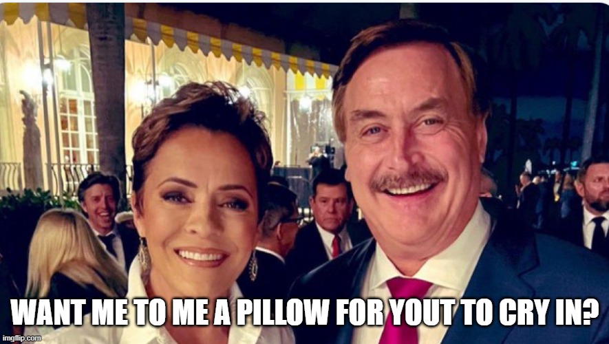 Crying_pillow | WANT ME TO ME A PILLOW FOR YOUT TO CRY IN? | image tagged in kari_lake_mike_lindell | made w/ Imgflip meme maker