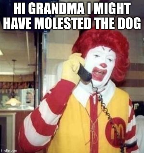 Sorry | HI GRANDMA I MIGHT HAVE MOLESTED THE DOG | image tagged in ronald mcdonald temp | made w/ Imgflip meme maker