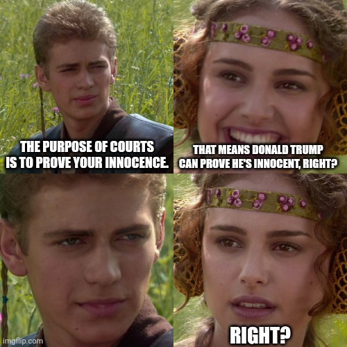Anakin Padme 4 Panel | THE PURPOSE OF COURTS IS TO PROVE YOUR INNOCENCE. THAT MEANS DONALD TRUMP CAN PROVE HE'S INNOCENT, RIGHT? RIGHT? | image tagged in anakin padme 4 panel | made w/ Imgflip meme maker