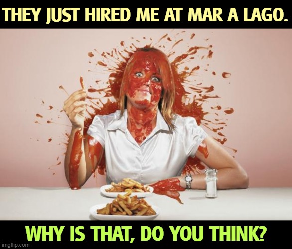 The job interview was pretty rough, but they let me shower afterwards. | THEY JUST HIRED ME AT MAR A LAGO. WHY IS THAT, DO YOU THINK? | image tagged in ketchup face,trump,ketchup,target practice | made w/ Imgflip meme maker