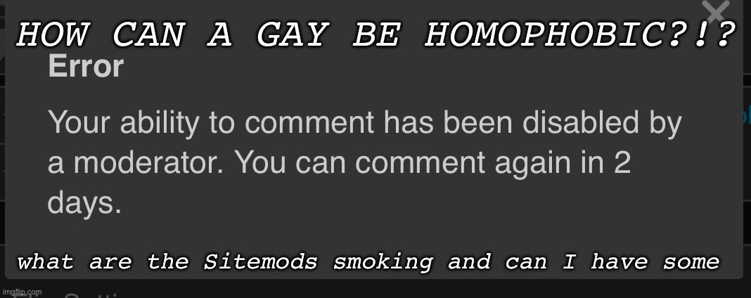 God Sitemods are crazy | HOW CAN A GAY BE HOMOPHOBIC?!? what are the Sitemods smoking and can I have some | made w/ Imgflip meme maker