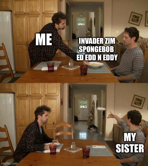 for my sister, Invader Zim is too creepy, SB is too annoying and stupid, and EEnE just looks hideous | ME; INVADER ZIM
SPONGEBOB 
ED EDD N EDDY; MY SISTER | image tagged in it's always sunny mac and cheese,spongebob,ed edd n eddy,invader zim,throw | made w/ Imgflip meme maker