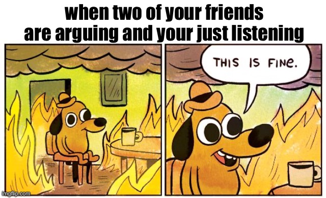 This Is Fine | when two of your friends are arguing and your just listening | image tagged in memes,this is fine | made w/ Imgflip meme maker