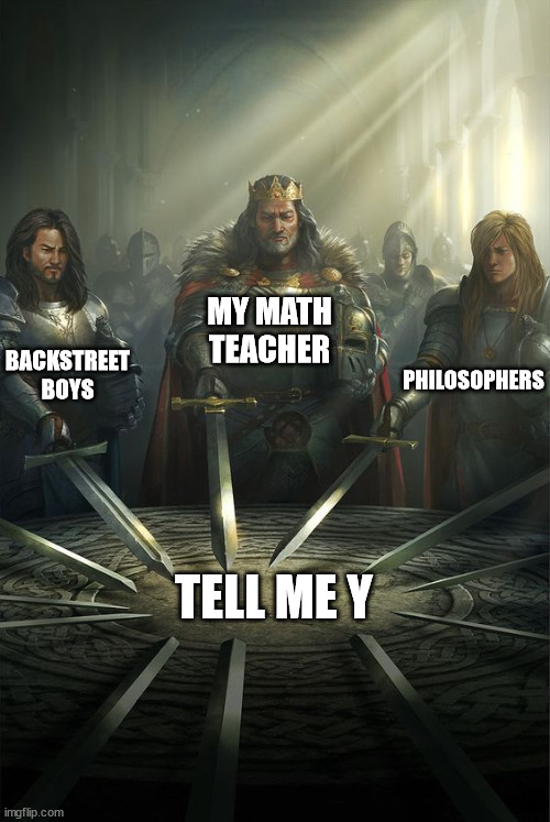 tell me y | BACKSTREET BOYS; MY MATH TEACHER; PHILOSOPHERS; TELL ME Y | image tagged in knights of the round table,tell me y,tell me why,backstreet boys,math,philosopher | made w/ Imgflip meme maker