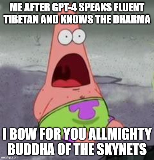 Suprised Patrick | ME AFTER GPT-4 SPEAKS FLUENT TIBETAN AND KNOWS THE DHARMA; I BOW FOR YOU ALLMIGHTY BUDDHA OF THE SKYNETS | image tagged in suprised patrick | made w/ Imgflip meme maker