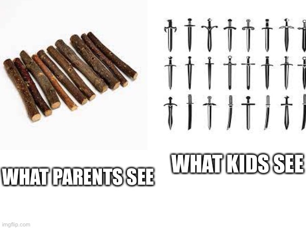 Comment if it is relatable #childhood #memories | WHAT PARENTS SEE; WHAT KIDS SEE | image tagged in swords,relatable,childhood | made w/ Imgflip meme maker