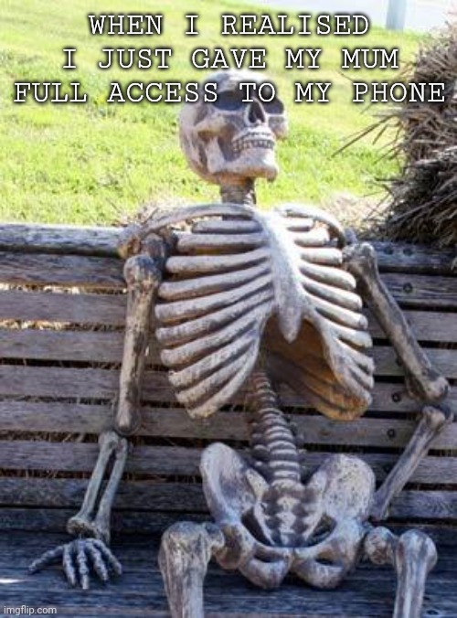 Don't look at my search history | WHEN I REALISED I JUST GAVE MY MUM FULL ACCESS TO MY PHONE | image tagged in memes,waiting skeleton | made w/ Imgflip meme maker