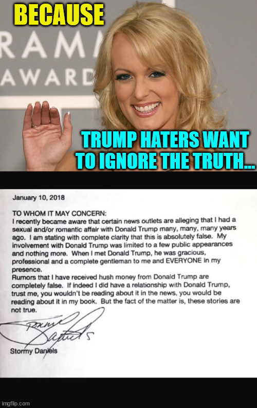 Because Trump haters have always ignored the truth... | BECAUSE; TRUMP HATERS WANT TO IGNORE THE TRUTH... | image tagged in stormy daniels,truth,criminal,biden,doj | made w/ Imgflip meme maker