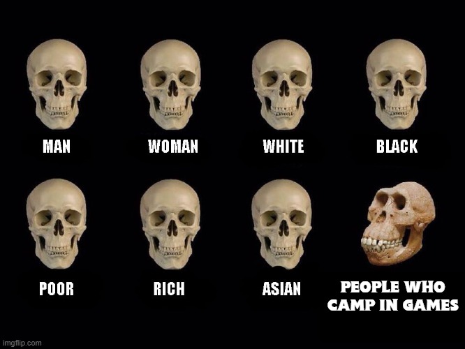 camping is bad mkay | PEOPLE WHO CAMP IN GAMES | image tagged in empty skulls of truth | made w/ Imgflip meme maker