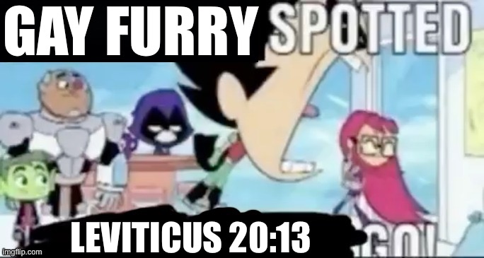 ____ spotted ____ go! | GAY FURRY LEVITICUS 20:13 | image tagged in ____ spotted ____ go | made w/ Imgflip meme maker