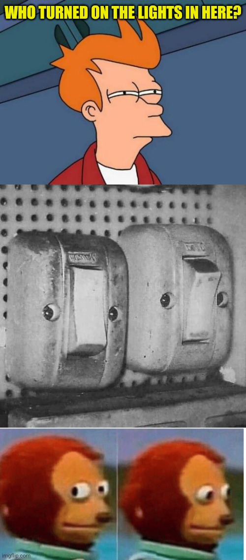 Sus Switches | WHO TURNED ON THE LIGHTS IN HERE? | image tagged in memes,futurama fry,feel guilty,light,switches | made w/ Imgflip meme maker