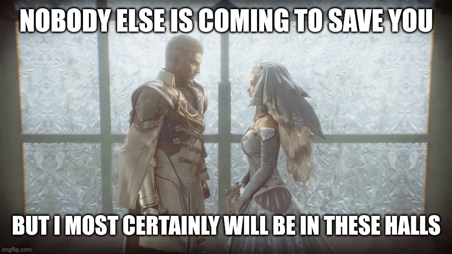 The love of a relationship | NOBODY ELSE IS COMING TO SAVE YOU; BUT I MOST CERTAINLY WILL BE IN THESE HALLS | image tagged in relationships,fantasy,final fantasy,true love,toilet humor | made w/ Imgflip meme maker