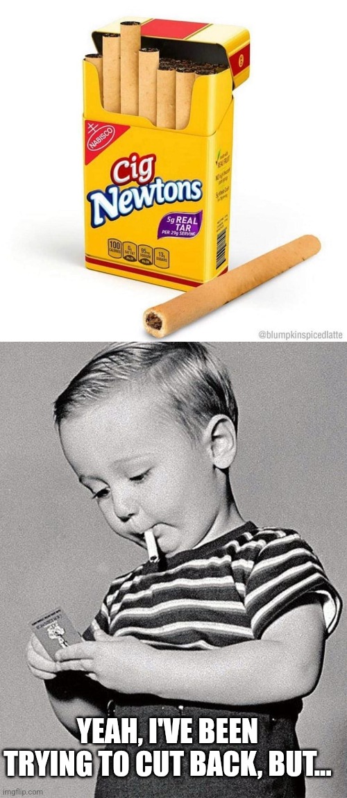 Fig Cigs | YEAH, I'VE BEEN TRYING TO CUT BACK, BUT... | image tagged in kid smoking,fig,cigarettes,snacks | made w/ Imgflip meme maker