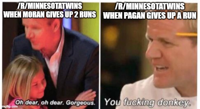 Oh dear, dear gorgeus | /R/MINNESOTATWINS WHEN MORAN GIVES UP 2 RUNS; /R/MINNESOTATWINS WHEN PAGAN GIVES UP A RUN | image tagged in oh dear dear gorgeus,MinnesotaTwinsMemes | made w/ Imgflip meme maker