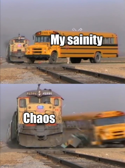 LETS GET CHAOTIC *Yeets a stove off a cliff* | My sainity; Chaos | image tagged in chaos,a train hitting a school bus | made w/ Imgflip meme maker
