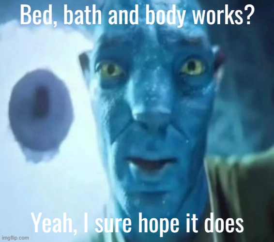 Avatar guy | Bed, bath and body works? Yeah, I sure hope it does | image tagged in avatar guy | made w/ Imgflip meme maker