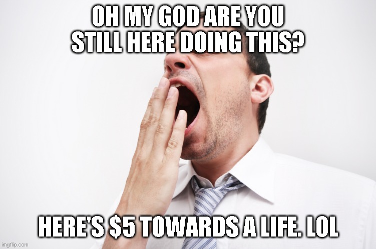 yawn | OH MY GOD ARE YOU STILL HERE DOING THIS? HERE'S $5 TOWARDS A LIFE. LOL | image tagged in yawn | made w/ Imgflip meme maker