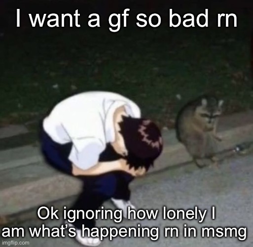 shinj crying with his raccoon homie | I want a gf so bad rn; Ok ignoring how lonely I am what’s happening rn in msmg | image tagged in shinj crying with his raccoon homie | made w/ Imgflip meme maker