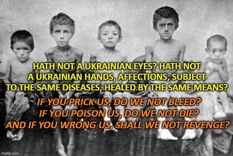 Hath not a Ukrainian eyes? hath not a Ukrainian hands, affections, subject to the same diseases, healed by the same means? | HATH NOT A UKRAINIAN EYES? HATH NOT A UKRAINIAN HANDS, AFFECTIONS, SUBJECT TO THE SAME DISEASES, HEALED BY THE SAME MEANS? IF YOU PRICK US, DO WE NOT BLEED? IF YOU POISON US, DO WE NOT DIE? AND IF YOU WRONG US, SHALL WE NOT REVENGE? | image tagged in holodomor | made w/ Imgflip meme maker